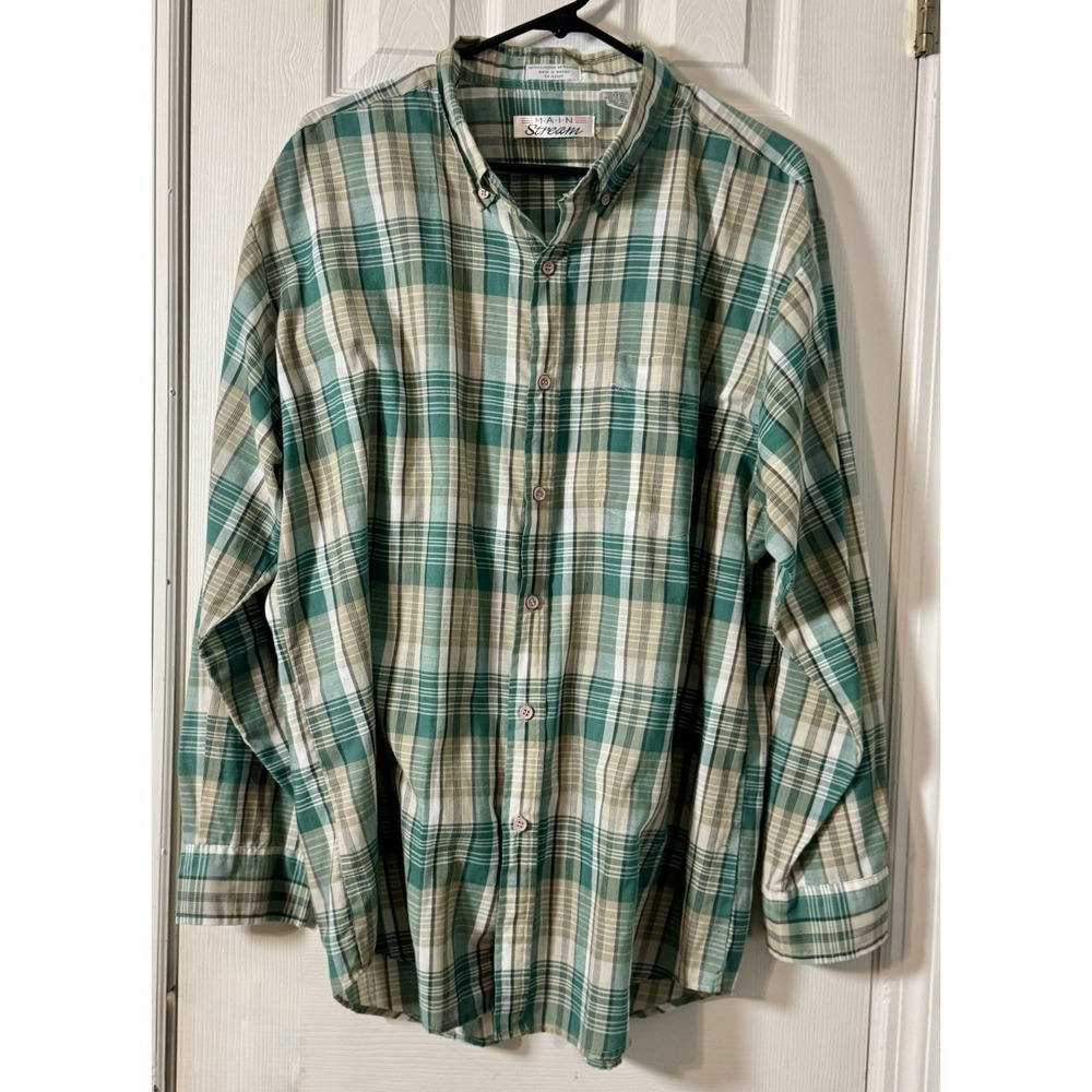Main Stream Vintage Green/Tan Plaid Button Up 1994 XL